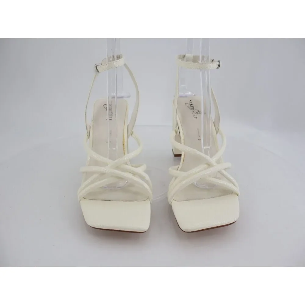 Naked Feet Mood Heeled Strappy Sandal Size 11 Ivory Vegan Patent Block Heel